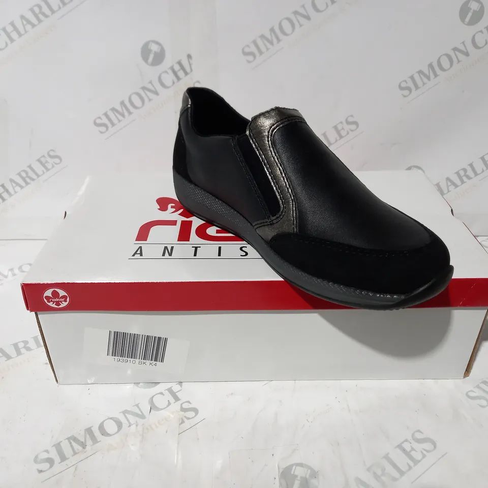 BOXED PAIR OF RIEKER TRAINER SHOES IN BLACK UK SIZE 4