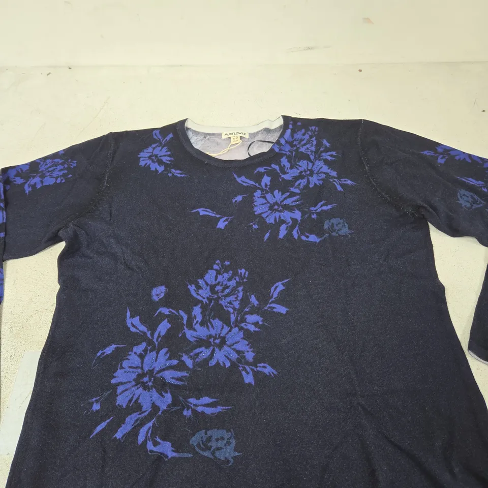 MUDFLOWER WOMEN'S KNIT JUMPER – NAVY WITH PURPLE FLORAL PRINT, UK 16