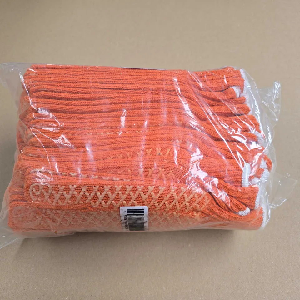 BRAND NEW 12-PACK OF CRISS CROSS ORANGE WORK GLOVES - SIZE UNSPECIFIED
