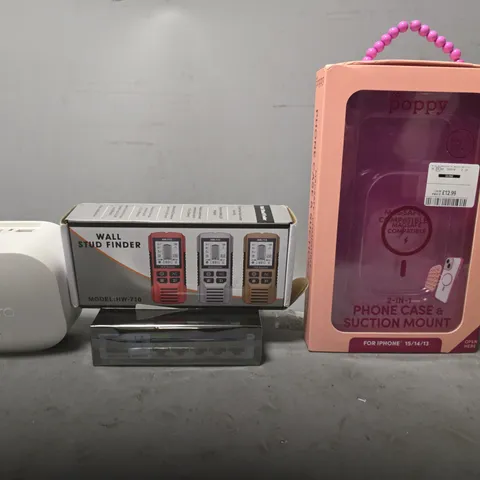 TOTE OF APPROXIMATELY 8 ASSORTED ITEMS TO INCLUDE - XO POPPY PHONE CASE , WALL STUD FINDER , GOALAKE GIGABIT POE SWITCH ETC