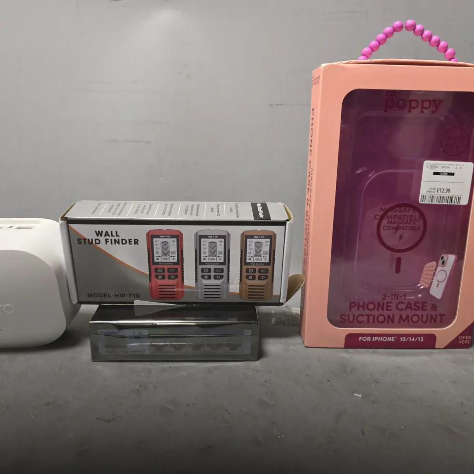 TOTE OF APPROXIMATELY 8 ASSORTED ITEMS TO INCLUDE - XO POPPY PHONE CASE , WALL STUD FINDER , GOALAKE GIGABIT POE SWITCH ETC