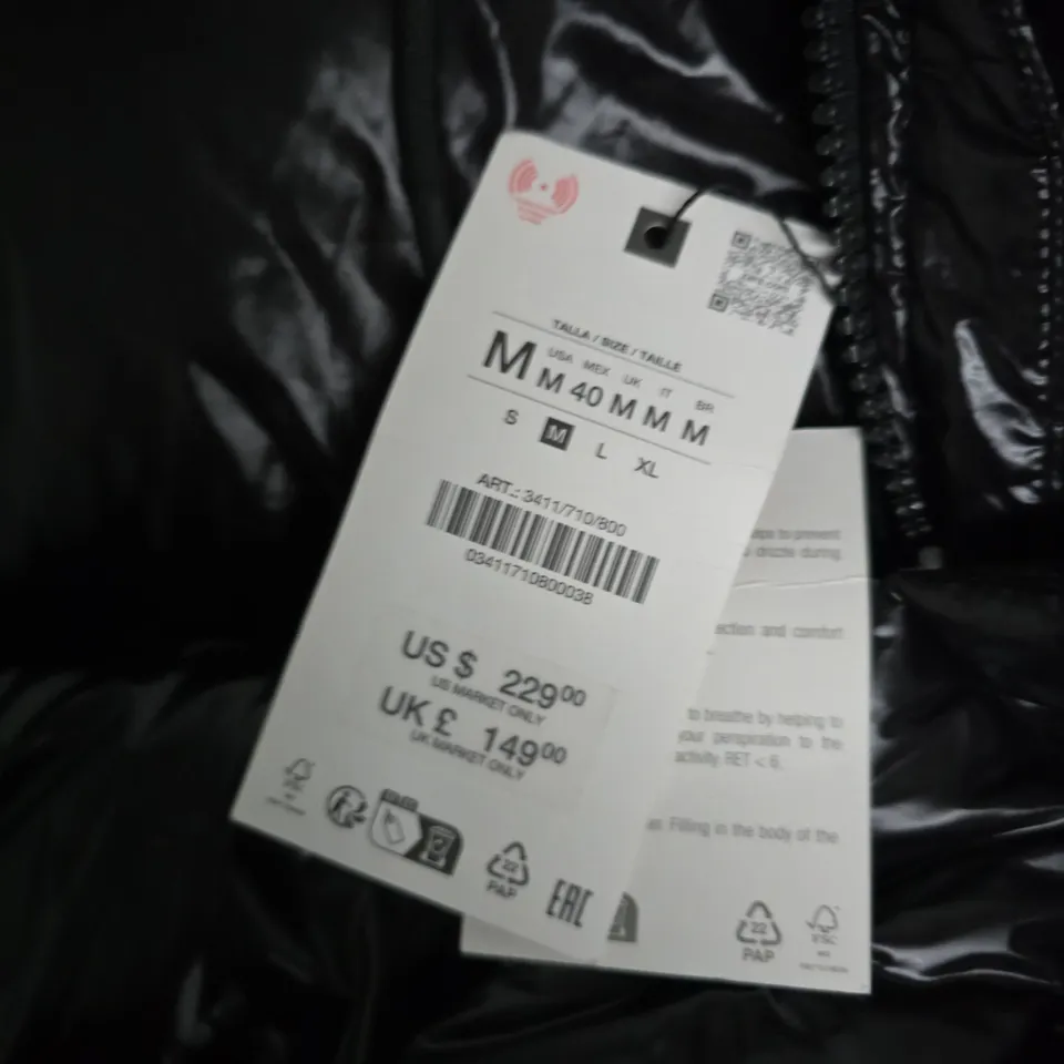 ZARA BLACK HOODED QUILTED DOWN PUFFER COAT, UK SIZE M (US M)