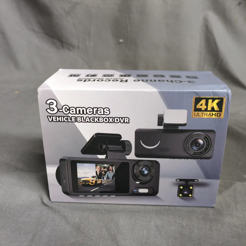 3-CAMERA VEHICLE DASH CAM DVR – BOXED, 4K ULTRA HD