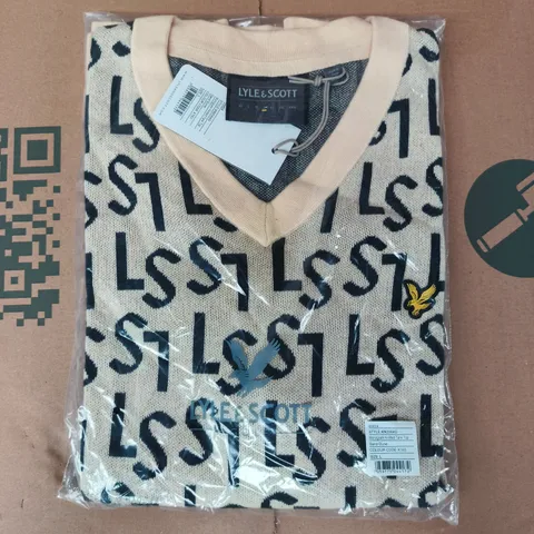 BAGGED LYLE & SCOTT MONGRAM KNITTED TANK TOP IN SAND DUNE/BLACK SIZE LARGE