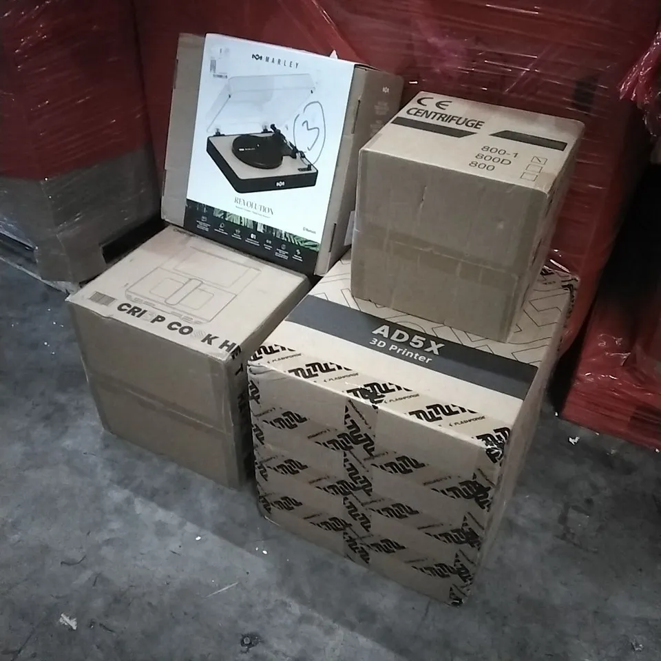 PALLET OF HOUSEHOLD ITEMS TO INCLUDE TURNTABLE SYSTEM, CENTRIFUGE, 3D PRINTER, AIR FRYER AND OTHER ASSORTED ITEMS...