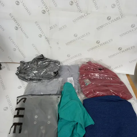 LARGE BOX OF ASSORTED CLOTHING ITEMS IN VARIOUS COLOURS AND SIZES INCLUDING TROUSERS , TOPS AND JUMPERS
