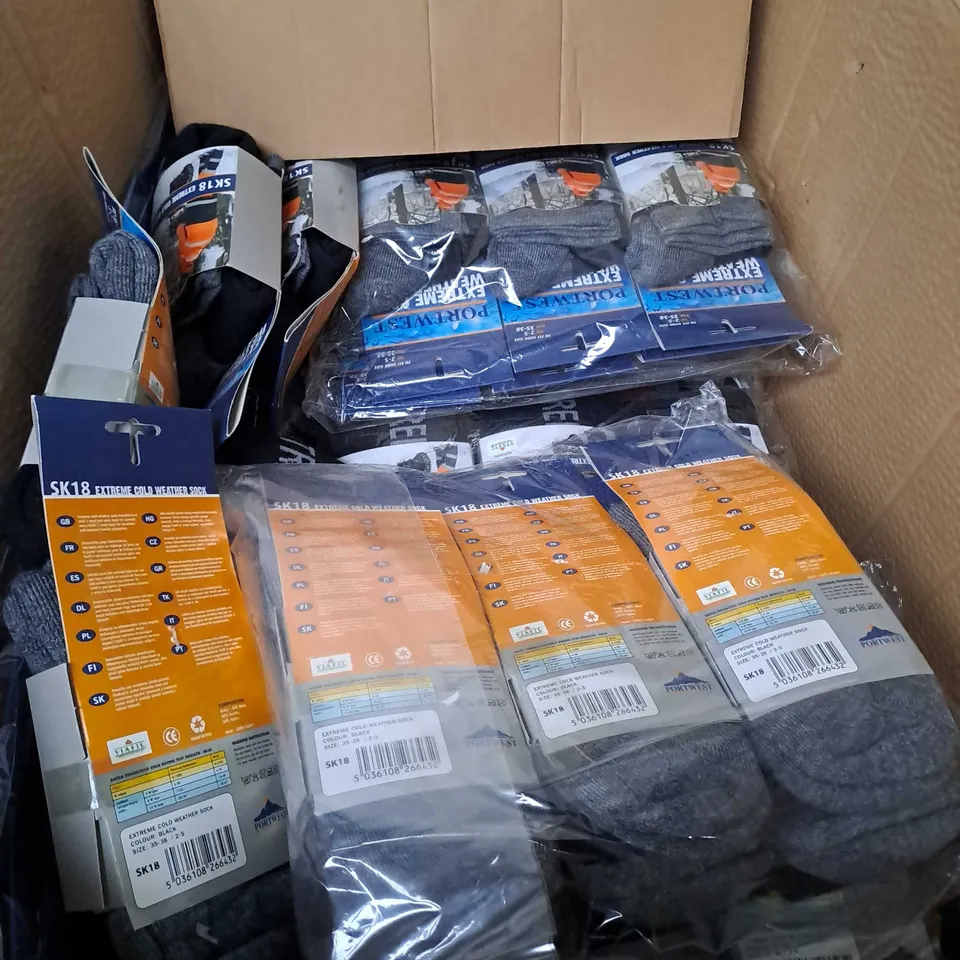 BOX OF APPROX 10 PACKS OF 6 PORTWEST COLD WEATER SOCKS SIZE 2-5