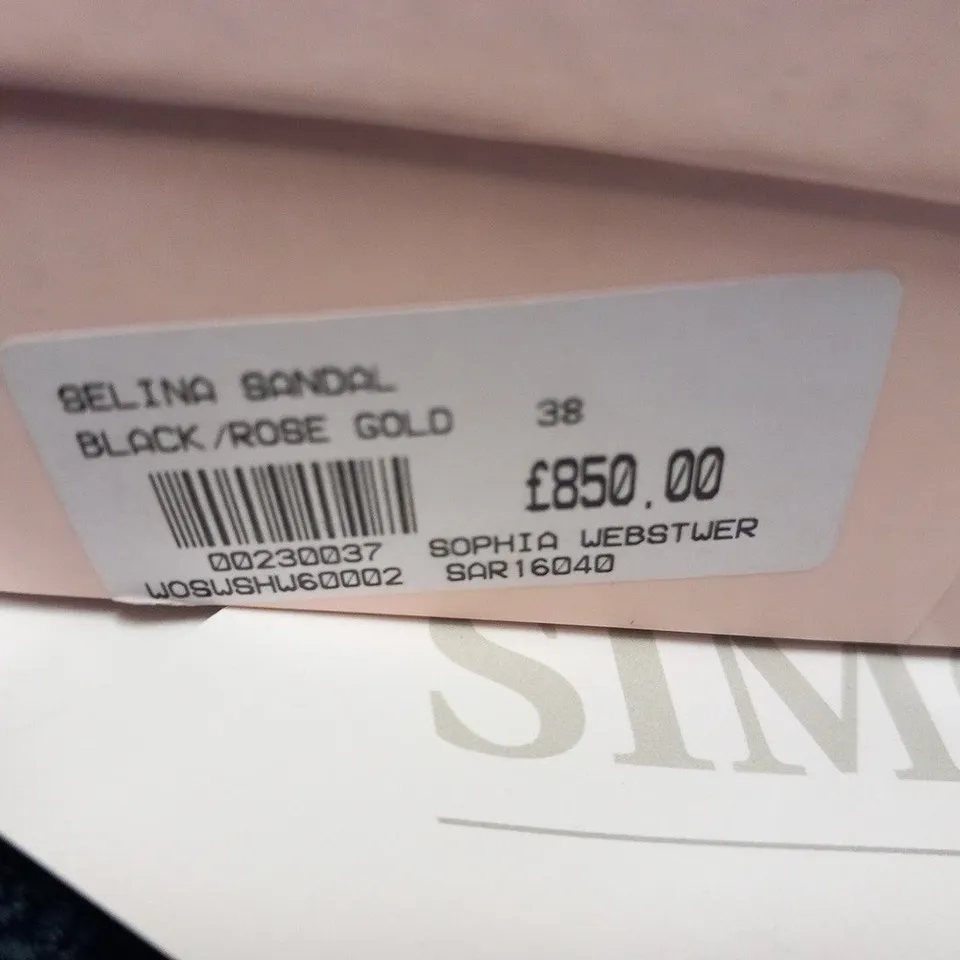 BOXED PAIR OF SOPHIA WEBSTER SELINA BLACK AD ROSE GOLD SANDAL BOOTIE SIZE 38