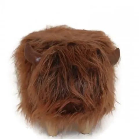 FERGUS THE HIGHLAND COW SYNTHETIC FUR FOOTSTOOL WITH WOODEN LEGS, DARK BROWN