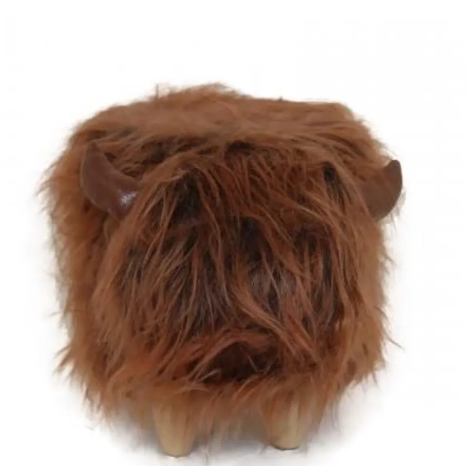 FERGUS THE HIGHLAND COW SYNTHETIC FUR FOOTSTOOL WITH WOODEN LEGS, DARK BROWN