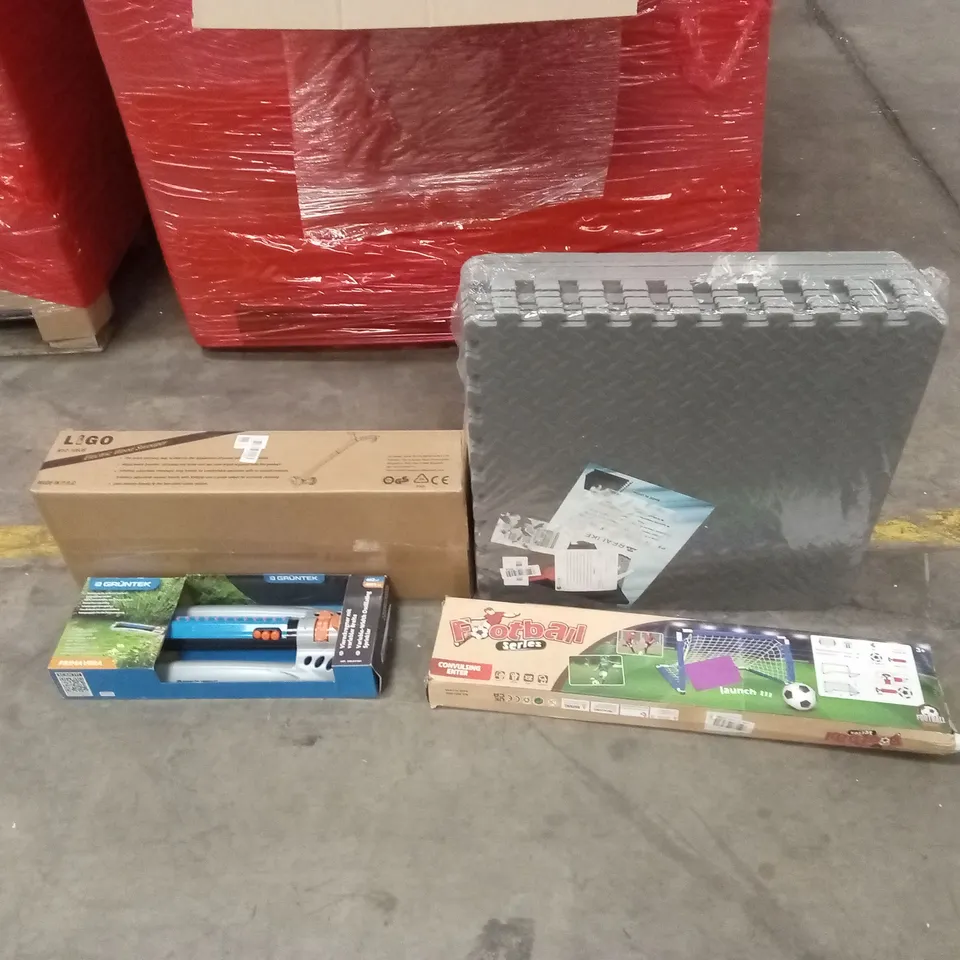 PALLET OF ASSORTED HOUSEHOLD GOODS AND PRODUCTS TO INCLUDE; INTERLOCKING MATS, GARDEN SPRINKLER, WEED SWEEPER ETC