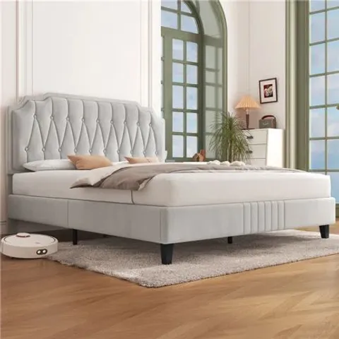 BOXED UPHOLSTERED BED FRAME WITH CHANNEL - 135CM DOUBLE, BEIGE (2 BOXES)