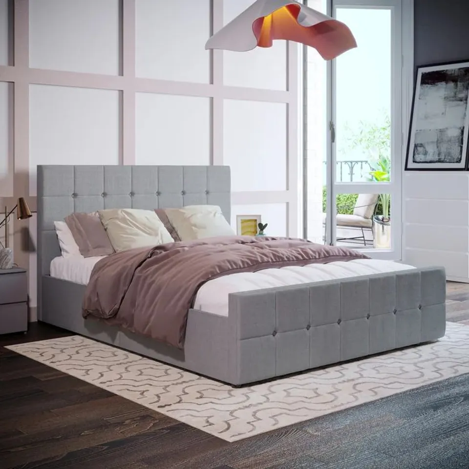 BOXED CONNELL UPHOLSTERED OTTOMAN BED DOUBLE - LIGHT GREY LINEN (4 BOXES)
