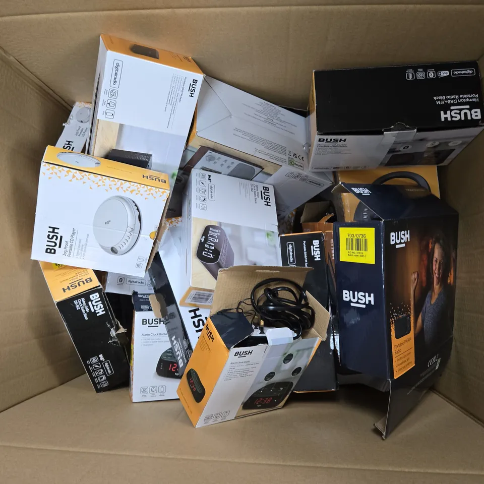 APPROXIMATELY 15 ASSORTED BUSH PRODUCTS TO INCLUDE ALARM CLOCK RADIO, JOG PROOF PORTABLE CD PLAYER, DAB+ CLOCK RADIO BLACK, ETC - COLLECTION ONLY