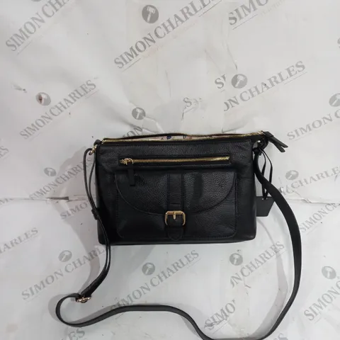 BOXED ASHWOOD LEATHER BAG IN BLACK WITH GOLD ACCENTS AND FLORAL INTERIOR