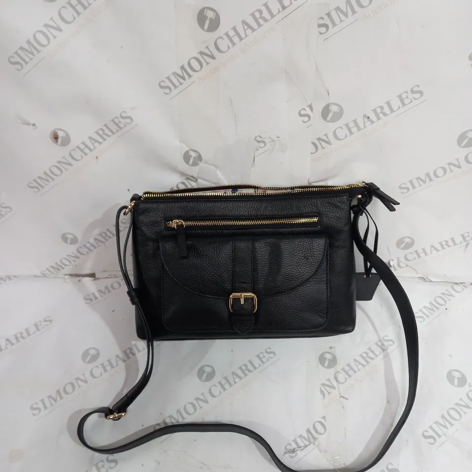BOXED ASHWOOD LEATHER BAG IN BLACK WITH GOLD ACCENTS AND FLORAL INTERIOR