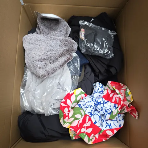 LARGE BOX OF APPROXIMATELY 20 ASSORTED CLOTHING ITEMS IN VARIOUS SIZES, STYLES AND COLOUR