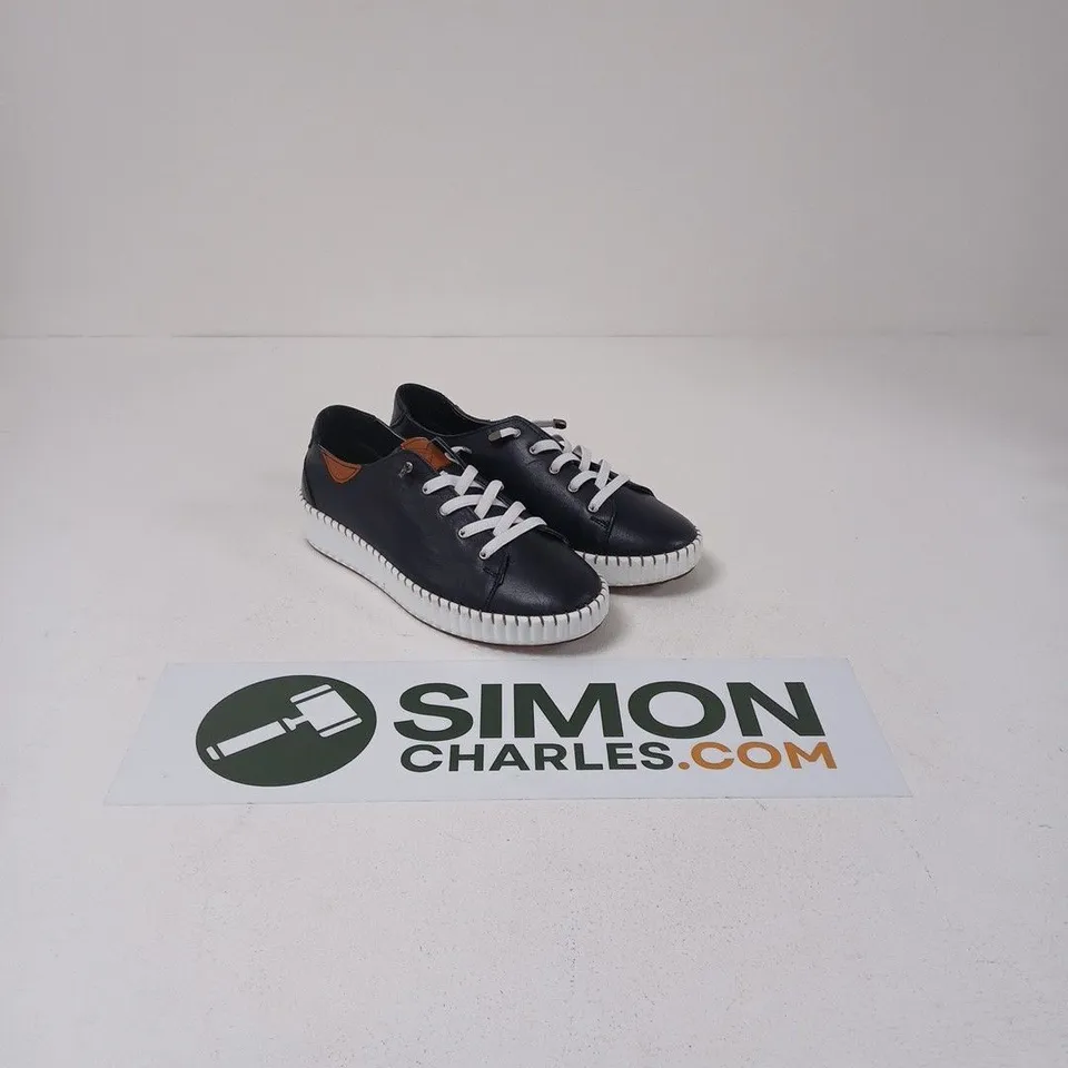 LUNAR LEATHER MIDNIGHT BLUE TRAINERS – WHITE SOLE, BROWN HEEL PATCH - UK 4.5