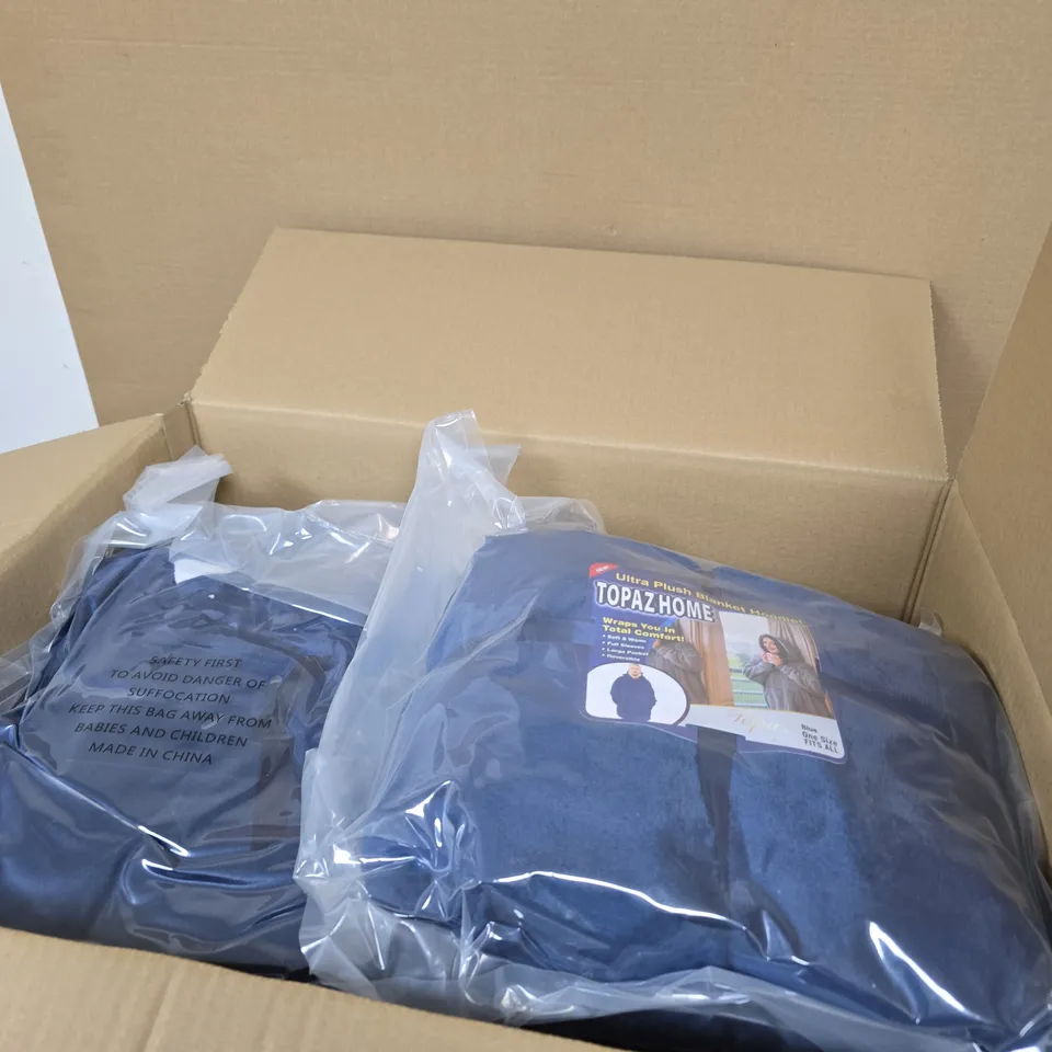 TOPAZ HOME ULTRA PLUSH BLANKET HOODIE - BLUE, ONE SIZE FITS ALL BOX OF 10 ITEMS