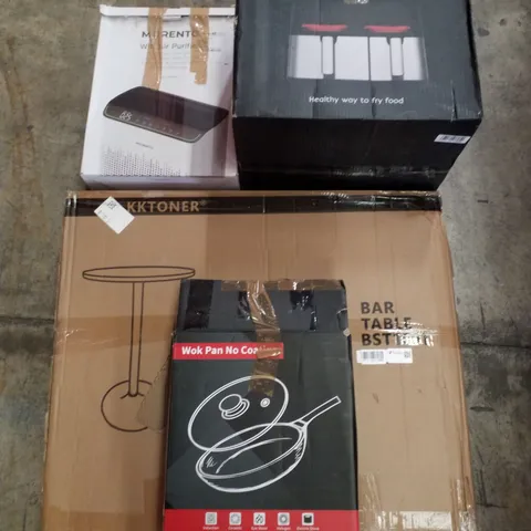 PALLET CONTAINING ASSORTED PRODUCTS INCLUDING DOUBLE BASKET AIR FRYER, WOK PAN, BAR TABLE & WIFI AIR PURIFIER