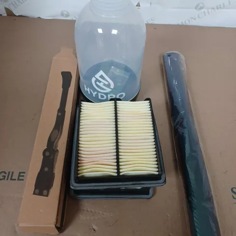 LARGE BOX OF ASSORTED CAR ITEMS TO INCLUDE - AIR FILTERS - BIKE STAND - CARBON WRAP / COLLECTION ONLY