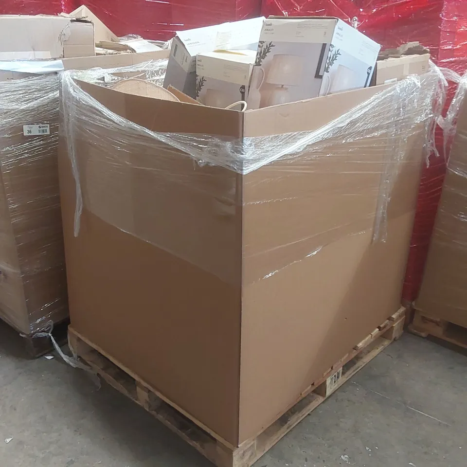 PALLET CONTAINING A VERY LARGE QUANTITY OF ASSORTED DESIGNER LIGHTING PRODUCTS INCLUDING: AMALFI TABLE LAMPS, FLUSH CEILING LIGHT, SALA FLOOR LAMP ECT
