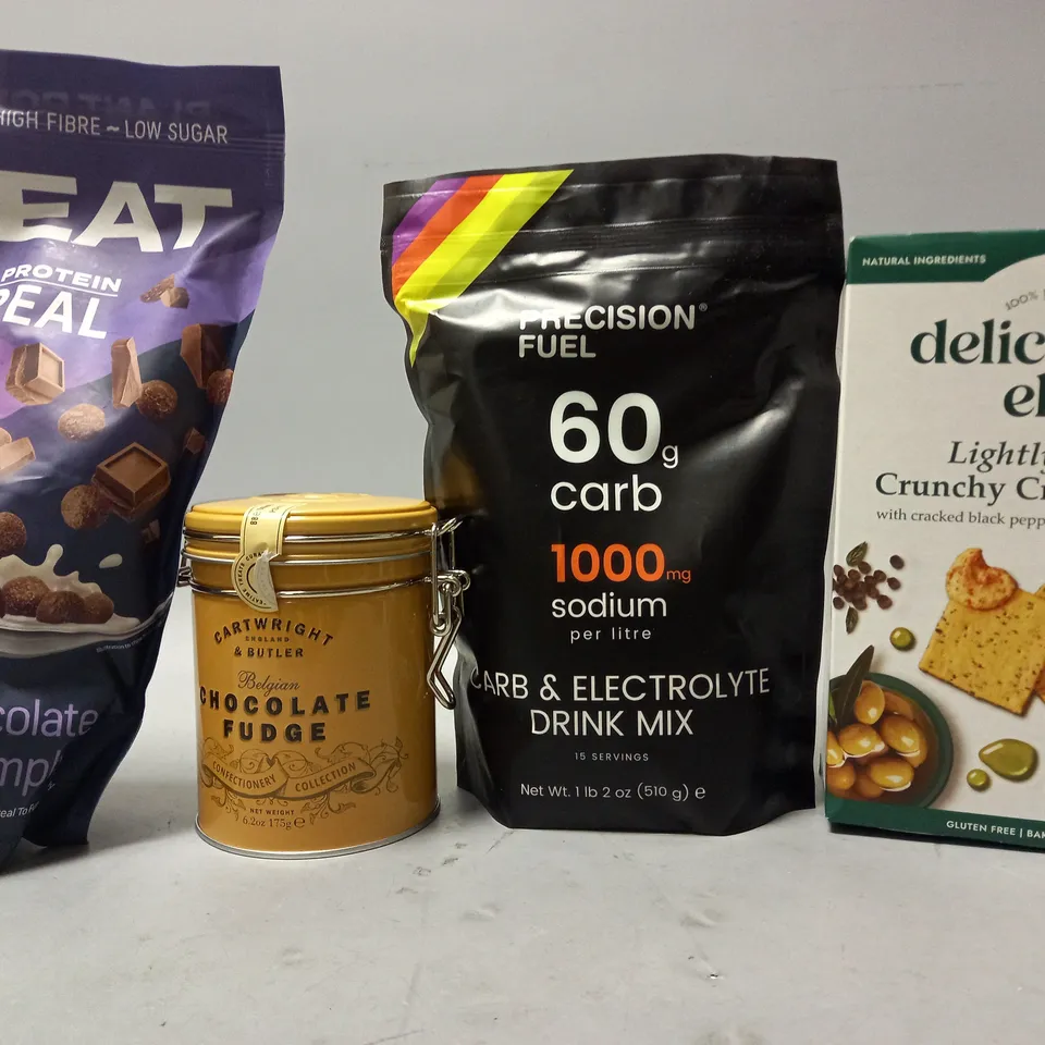 TOTE OF APPROX 15 ASSORTED FOOD ITEMS TO INCLUDE - DELCICIOUSLY ELLA , PRECISION FUEL 60G , CHOCOLATE FUDGE ETC