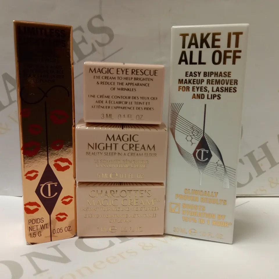 LOT OF 5 ASSORTED CHARLOTTE TILBURY PRODUCTS TO INCLUDE NIGHT CREAM, MAGIC EYE RESCUE, MAKEUP REMOVER, ETC 