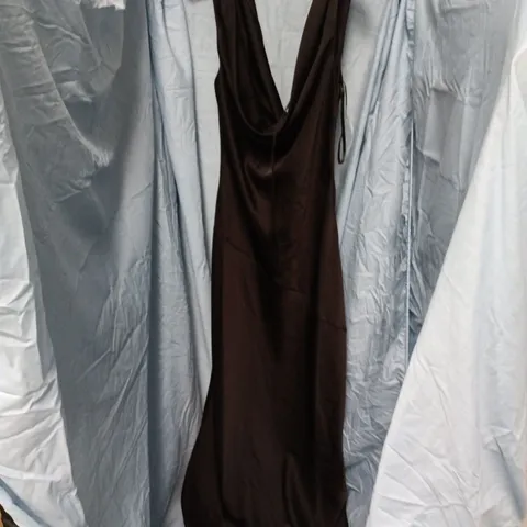 CLUB L LONDON ALESSO BLACK SATIN COWL-NECK SLIP-MAXI DRESS – UK 12