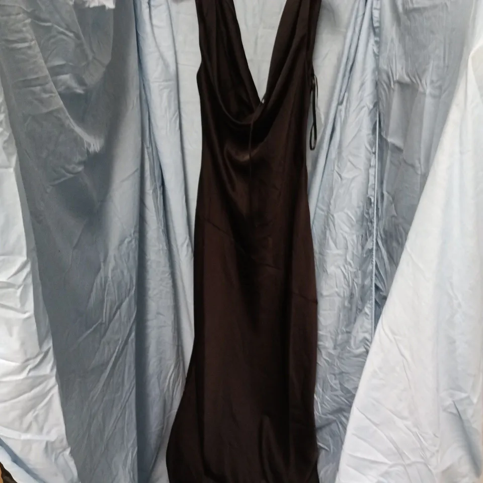 CLUB L LONDON ALESSO BLACK SATIN COWL-NECK SLIP-MAXI DRESS – UK 12
