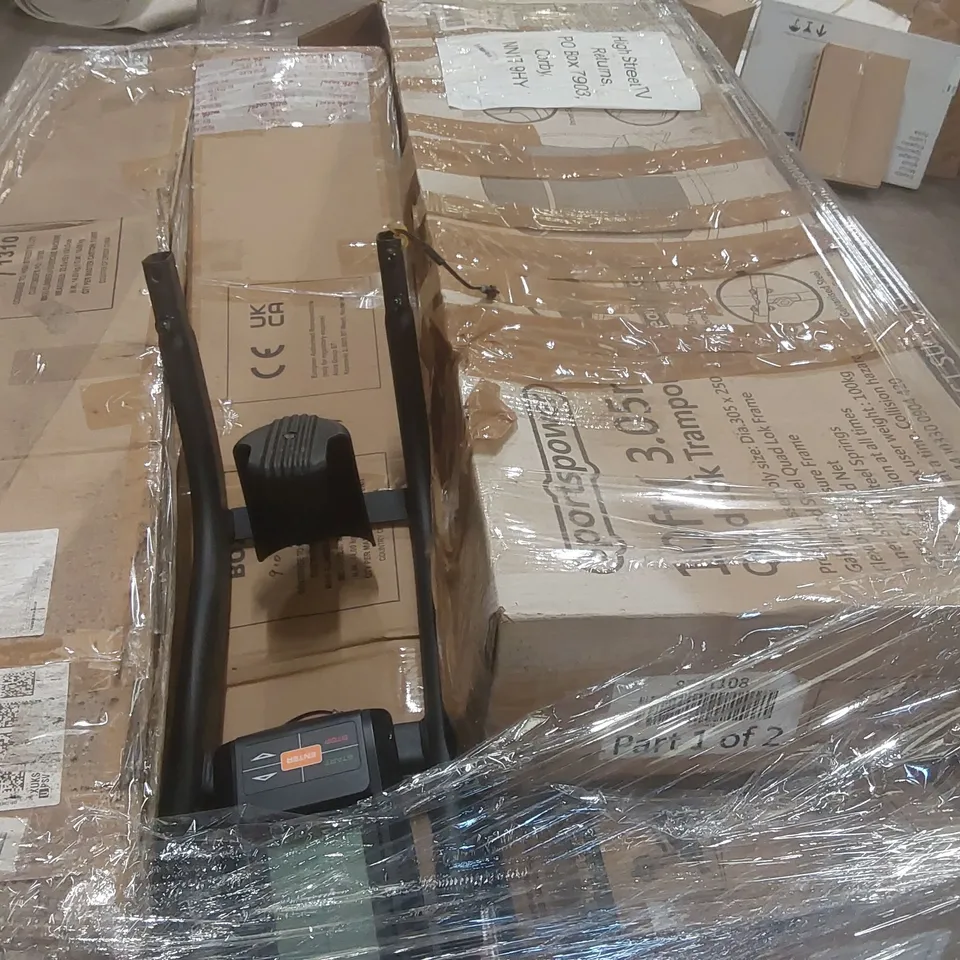 PALLET CONTAINING A LARGE QUANTITY OF ASSORTED ITEMS INCLUDING: TRAMPOLINE PARTS, NEW IMAGE CYCLONE X3 EXERCISE BIKE, WONDER CORE EXERCISE MACHINE ECT