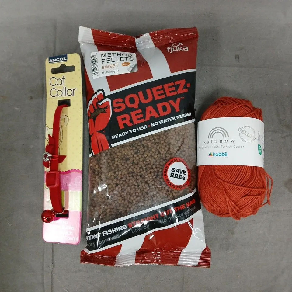 APPROXIMATELY 10 ASSORTED HOUSEHOLD ITEMS TO INCLUDE METHOD PELLETS, CAT COLLAR, KNITTING YARN, ETC