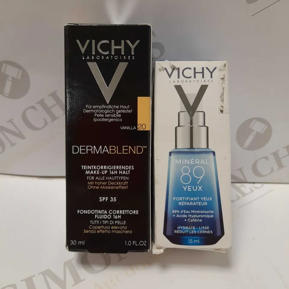 LOT OF 2 VICHY PRODUCTS TO INCLUDE MINÉRAL 89 EYES REPAIRING EYE FORTIFIER 15ML & DEMABLEND FLUID CORRECTIVE FOUNDATION 16HR 30ML - 20 VANILLA 