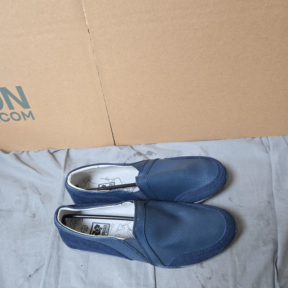 BLUE PERFORATED LEATHER-LOOK SLIP-ON LOAFERS – WOMEN’S, UK 7 (EU 40) DOWN TO EARTH .