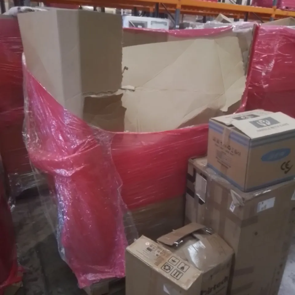 PALLET OF ASSORTED HOUSEHOLD GOODS AND FURNITURE TO INCLUDE; COOKER HOOD, BIRTECH PRESSURE WASHER, BED CABINET ETC 