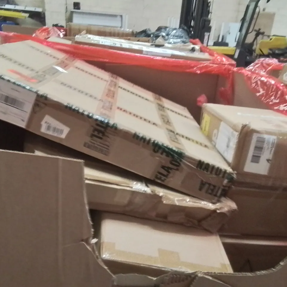 PALLET OF ASSORTED HOUSEHOLD GOODS AND PRODUCTS TO INCLUDE;AREA RUG,RETRACTABLE SAFETY GATE,GARDEN PLANT PROTECTOR