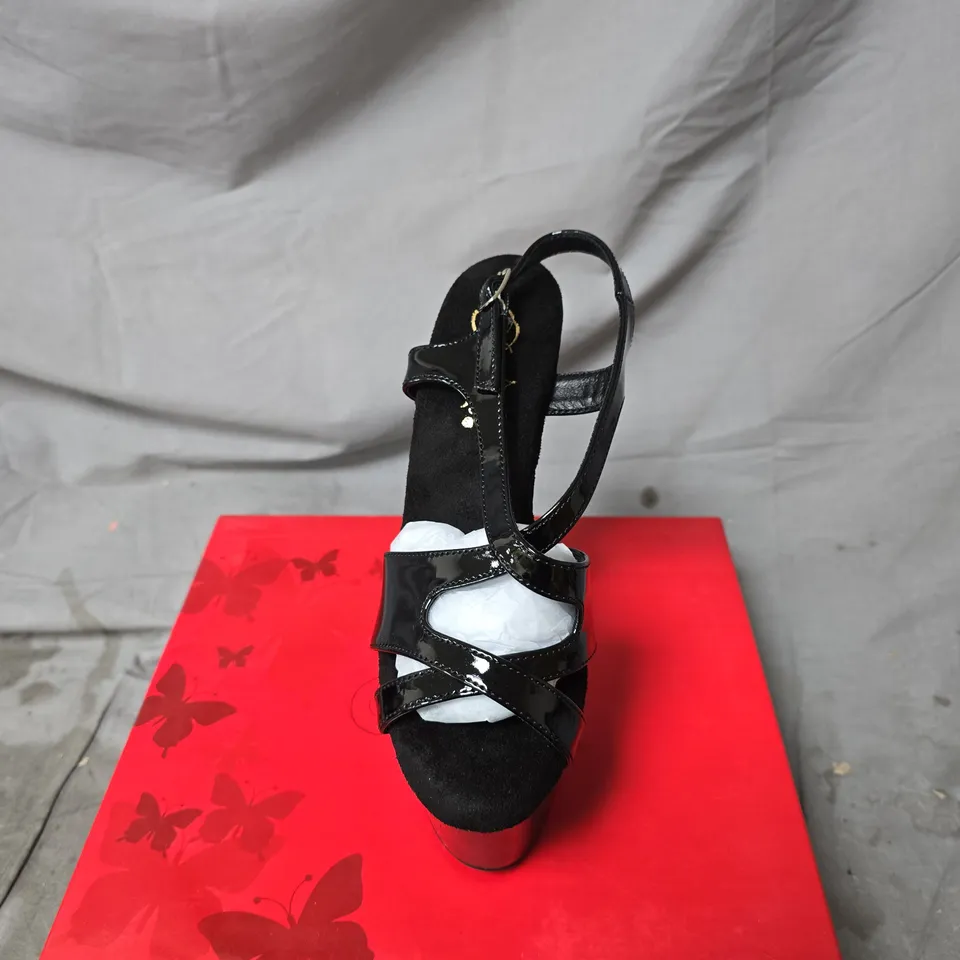 PLEASER BLACK PATENT PLATFORM SHOES – HIGH HEEL, ANKLE-STRAP SIZE 8