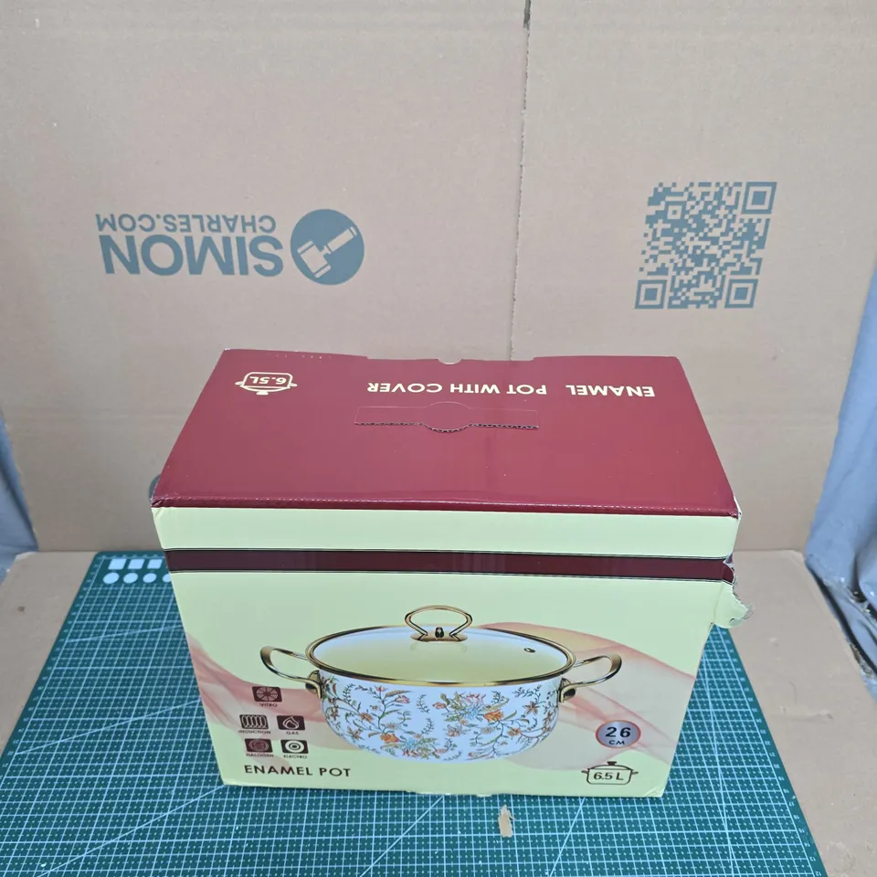 ENAMEL POT WITH LID - FLORAL PATTERN, 6.5 L, 26 CM DIAMETER (BOXED)