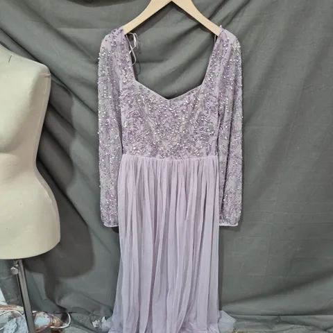 LAVENDER BEADED LONG-SLEEVE EVENING GOWN, UK 8 (EU 36)