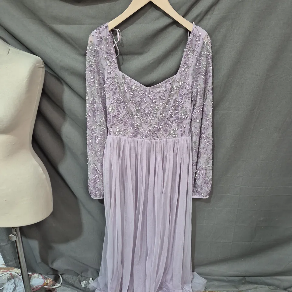 LAVENDER BEADED LONG-SLEEVE EVENING GOWN, UK 8 (EU 36)
