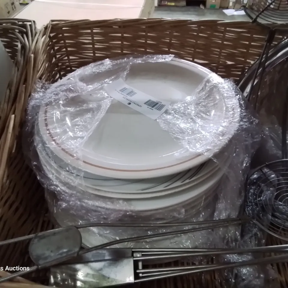 TWO WICKER BREAD BASKETS CONTAINING ASSORTED CATERING ITEMS, INCLUDING PLATTERS, TRAYS, CROCKERY, WIRE STRAINERS.