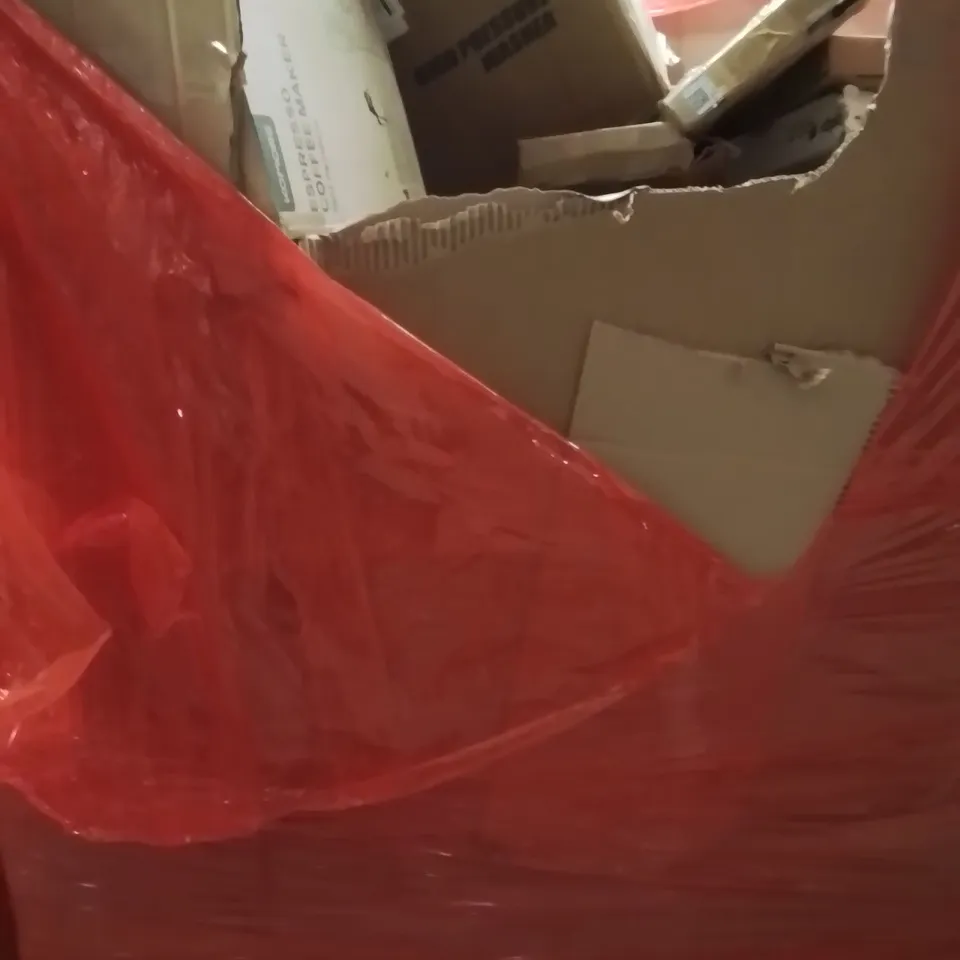 PALLET OF ASSORTED HOUSEHOLD GOODS AND PRODUCTS TO INCLUDE;COFFEE MACHINE,FLOORING TILES,FLOATING SHELVES