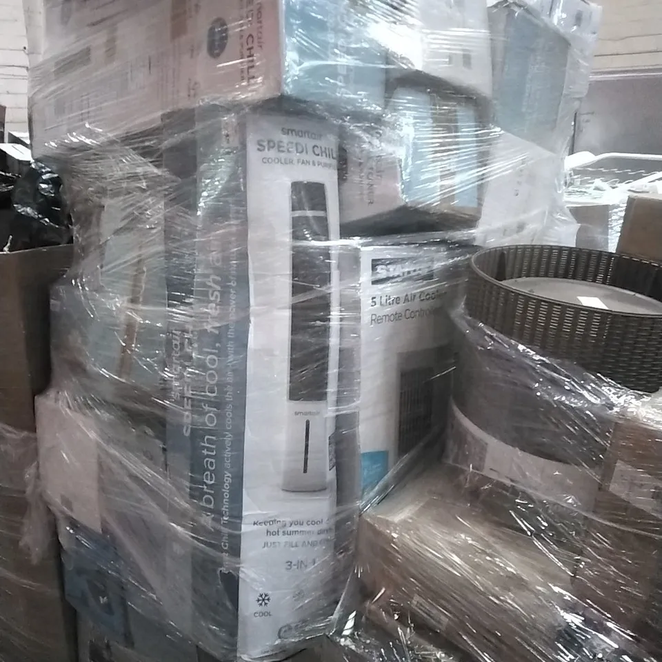 PALLET TO CONTAIN PALLET OF ASSORTED ELECTRICAL GOODS WHICH INCLUDE; AIR COOLERS, LEAF BLOWER, AIRFRYER, SMARTAIR SPEEDICHILL, SIMILAR PRODUCTS ETC