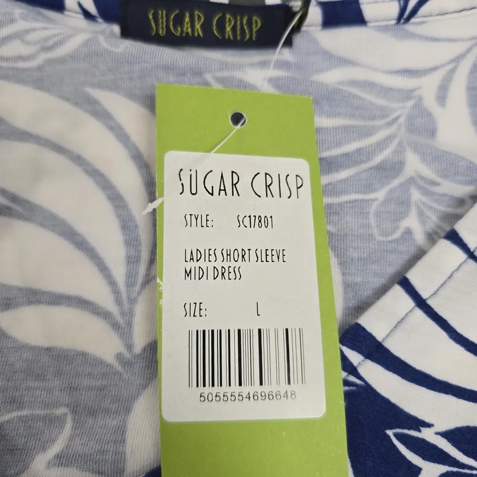 SUGAR CRISP LADIES SHORT SLEEVE MIDI DRESS – BLUE & WHITE LEAF PRINT, UK SIZE L