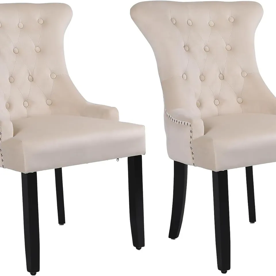 BOXED NEO SET OF 2 UPHOLSTERED CHAIRS HIGH BACK CRUSHED VELVET DINING CHAIRS WITH BUTTONS AND WOODEN LEGS - CREAM (1 BOX)