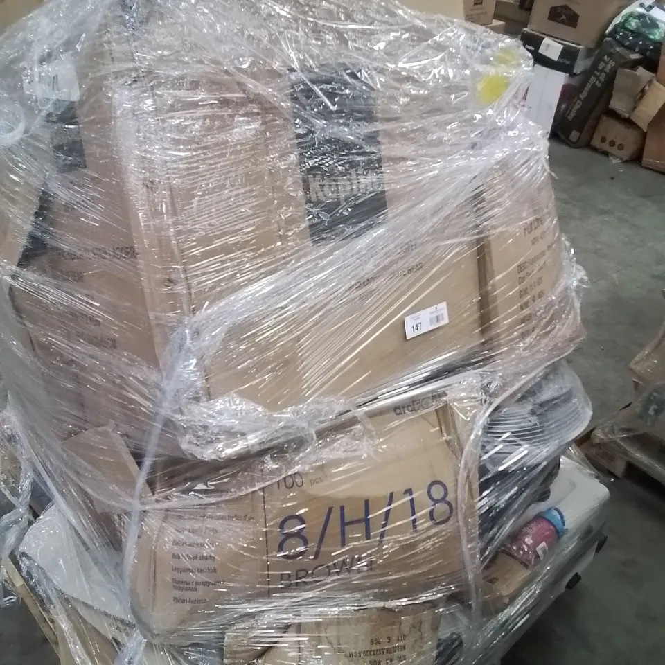 PALLET CONTAINING SHOE RACK, GARDEN NETTING, PARASOL BASES, ELECTRIC CLEANSER, LUGGAGE CASES ETC.