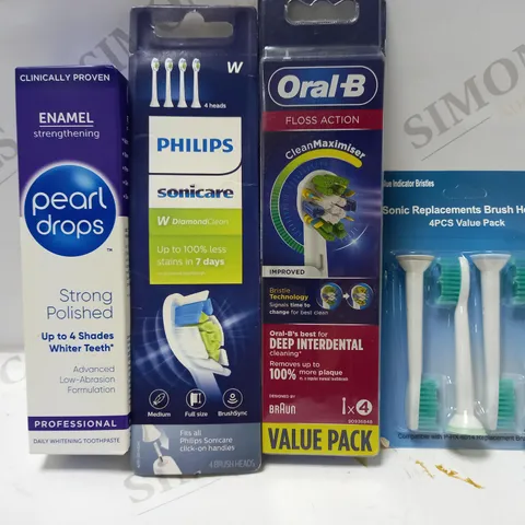 LOT OF 4 ASSORTED PRODUCTS TO INCLUDE PHILIPS SONICARE BRUSH HEADS, ORAL-B FLOSS ACTION BRUSH HEADS, PEARL DROPS WHITENING TOOTHPASTE, ETC