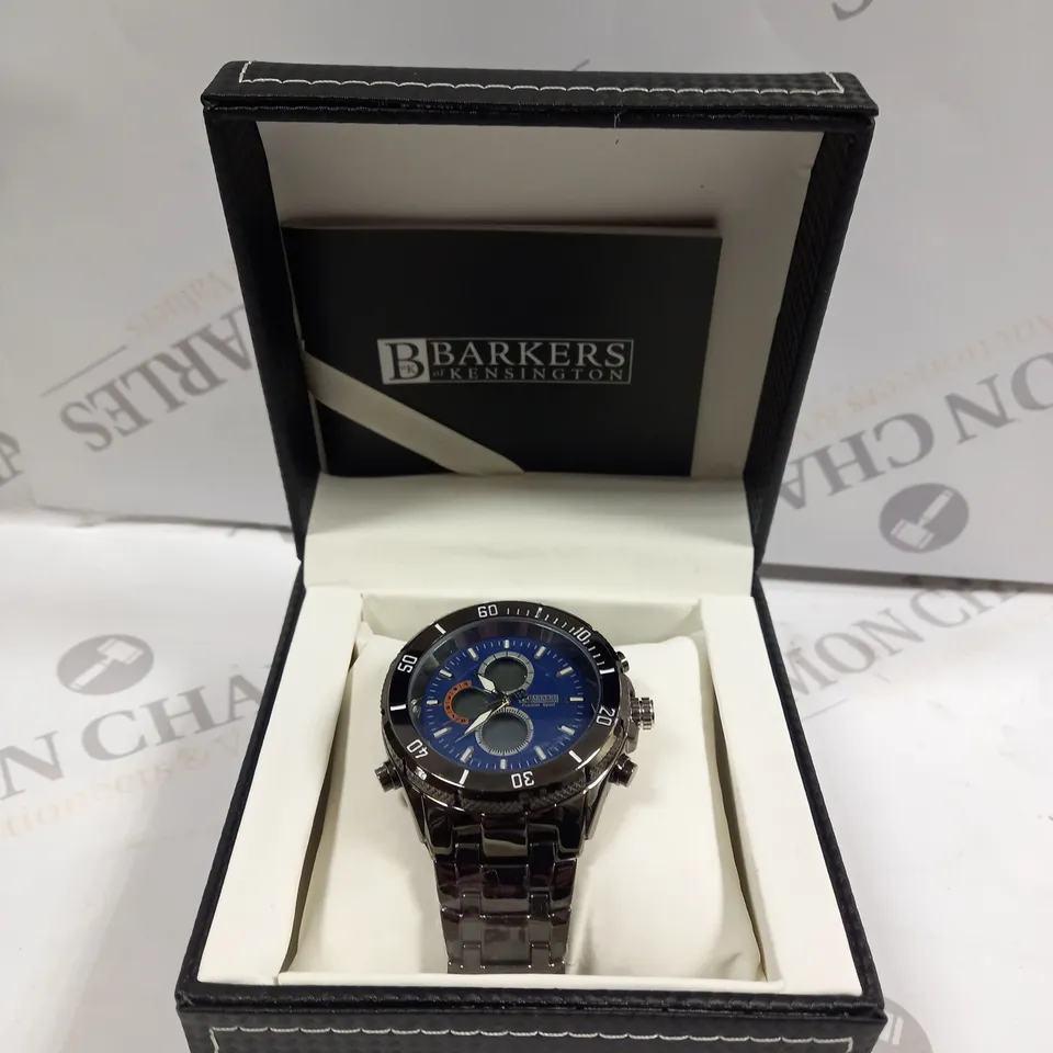 BOXED BARKERS OF KENSINGTON PREMIER SPORT BLUE DIAL WATCH 