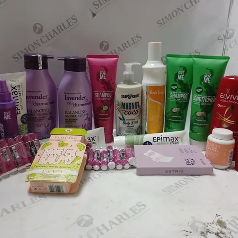APPROXIMATELY 18 ASSORTED COSMETICS ITEMS TO INCLUDE LUXLISS LAVENDER & BLUE CHAMOMILE SHAMPOO (500ml), LOREWAL ELVIVE COLOUR PROTECT SHAMPOO (250ml), EPIMAX OATMEAL CREAM (100g), ETC