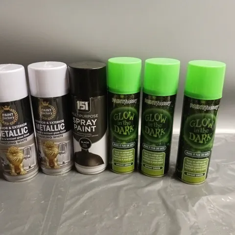 LOT OF 6 ASSORTED SPRAY PAINTS. VARIOUS COLOURS AND FINISHES